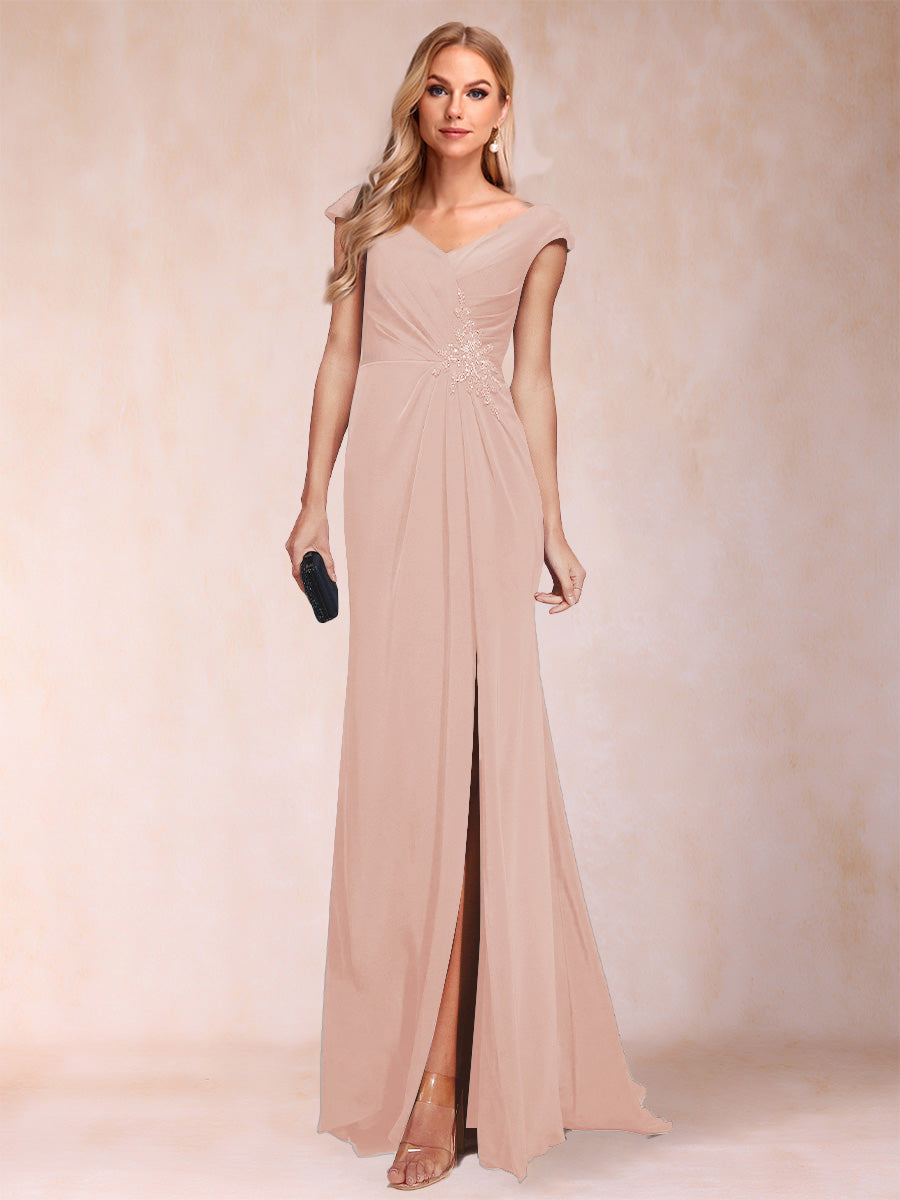 Sheath/Column V-Neck Ruched Mother of the Bride Dresses with Appliques &amp; Split Side
