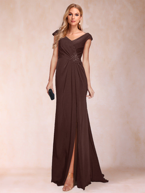 Sheath/Column V-Neck Ruched Mother of the Bride Dresses with Appliques & Split Side