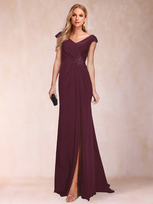 Sheath/Column V-Neck Ruched Mother of the Bride Dresses with Appliques & Split Side