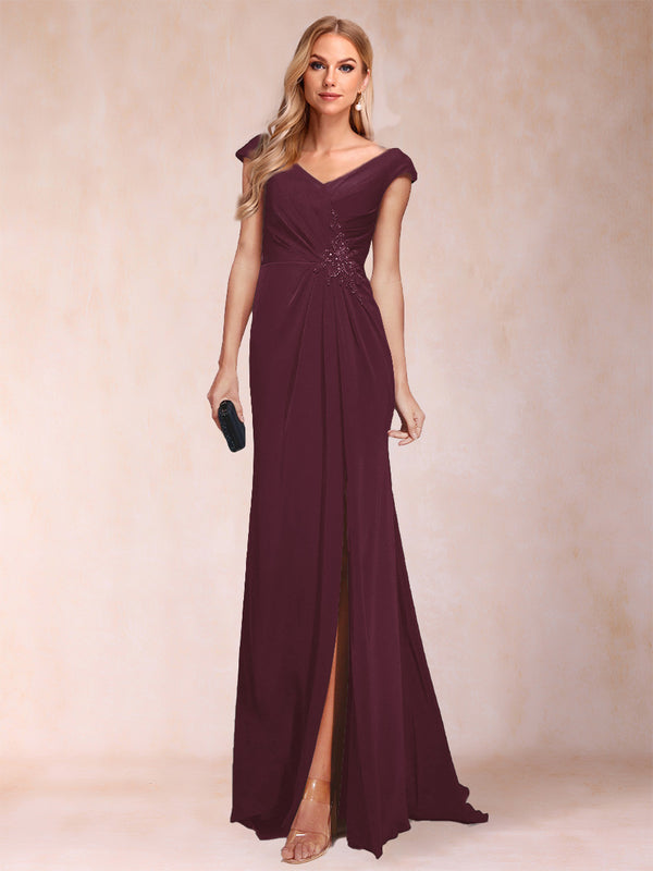 Sheath/Column V-Neck Ruched Mother of the Bride Dresses with Appliques & Split Side