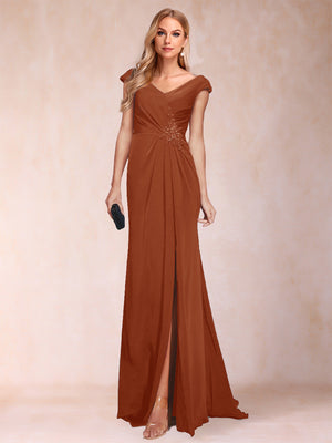Sheath/Column V-Neck Ruched Mother of the Bride Dresses with Appliques & Split Side