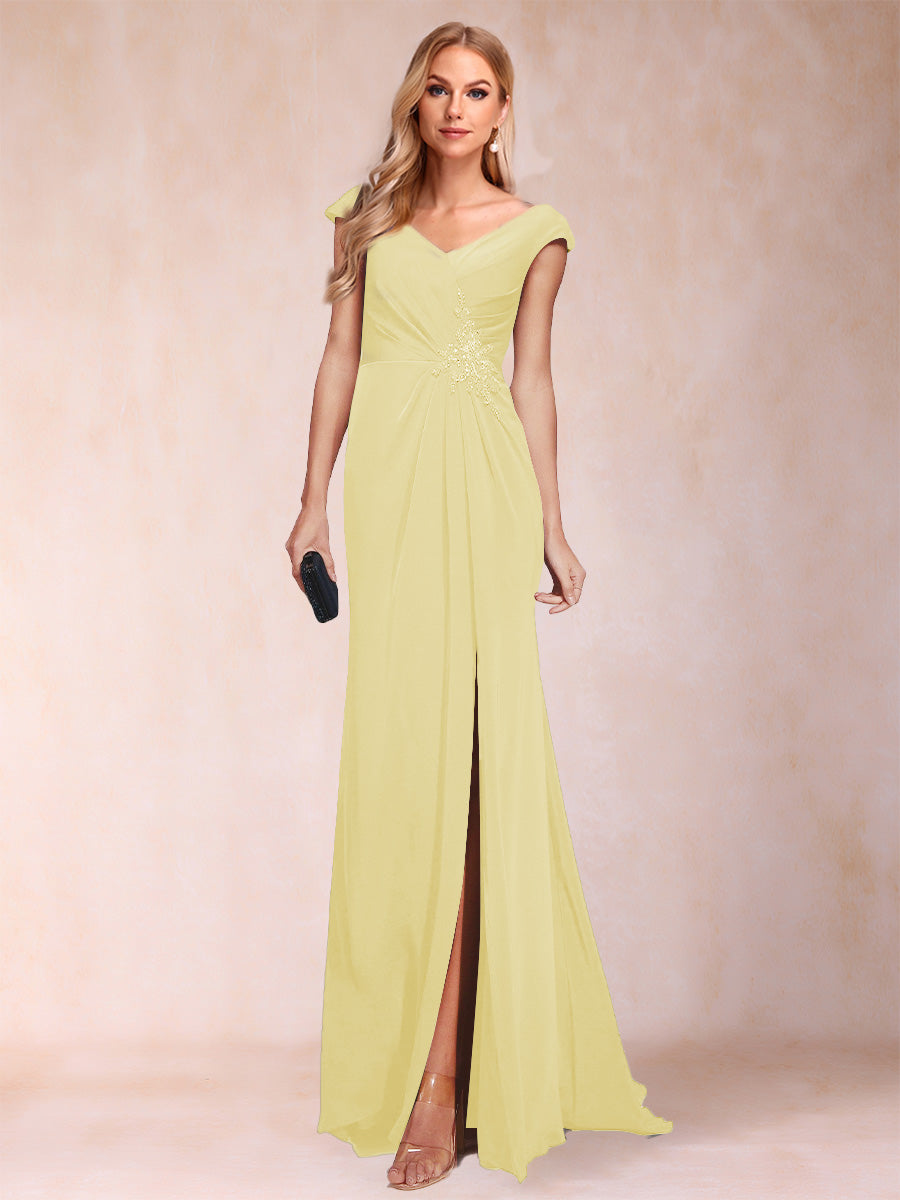 Sheath/Column V-Neck Ruched Mother of the Bride Dresses with Appliques &amp; Split Side