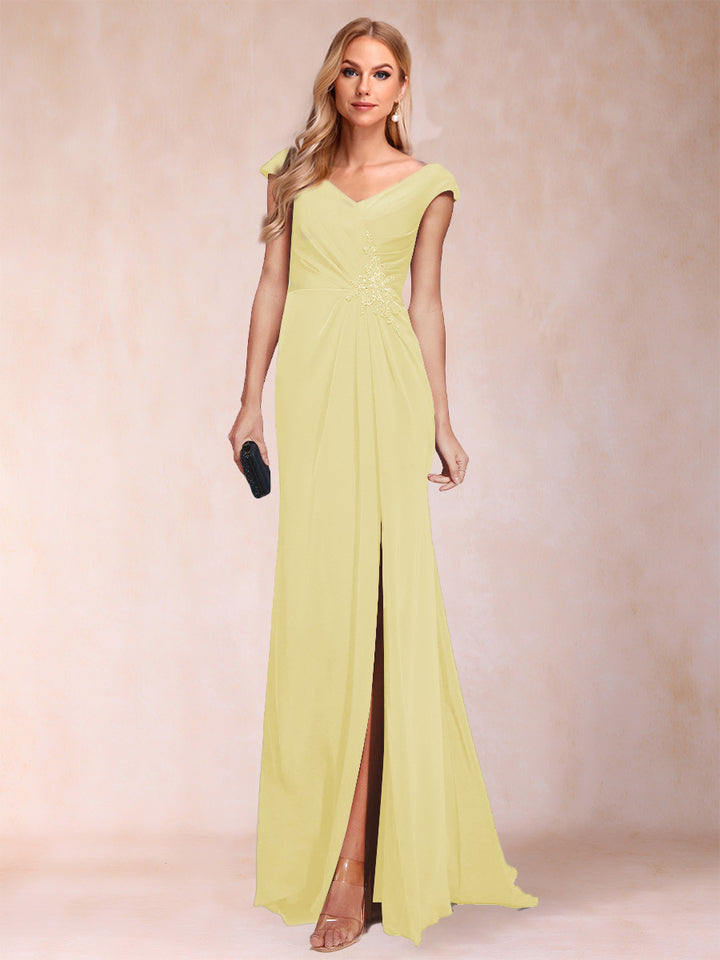 Sheath/Column V-Neck Ruched Mother of the Bride Dresses with Appliques &amp; Split Side