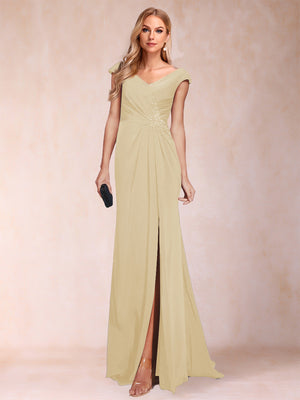 Sheath/Column V-Neck Ruched Mother of the Bride Dresses with Appliques & Split Side