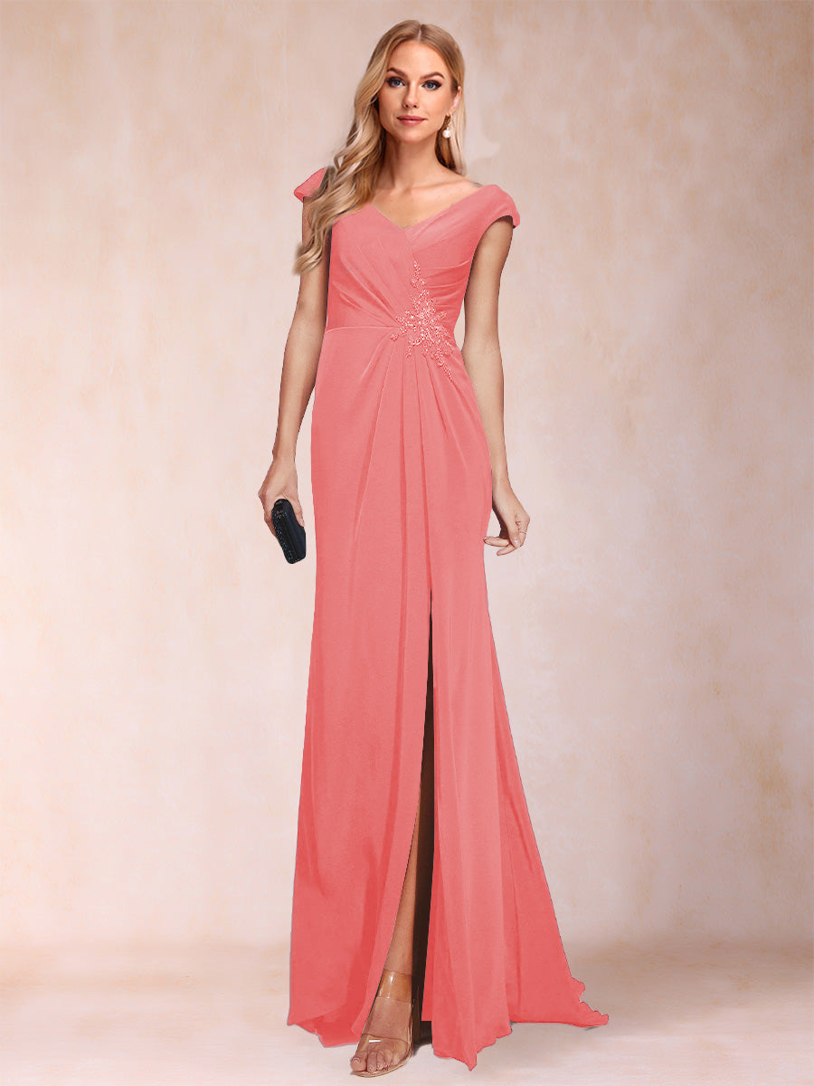 Sheath/Column V-Neck Ruched Mother of the Bride Dresses with Appliques &amp; Split Side