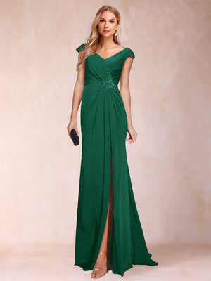Sheath/Column V-Neck Ruched Mother of the Bride Dresses with Appliques & Split Side