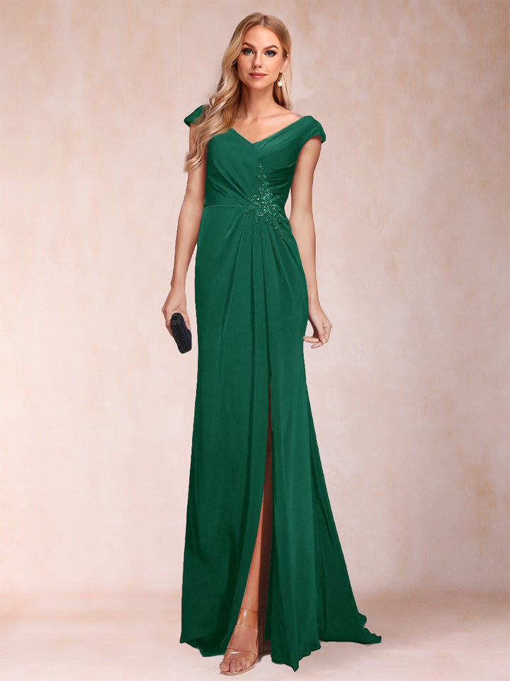 Sheath/Column V-Neck Ruched Mother of the Bride Dresses with Appliques &amp; Split Side