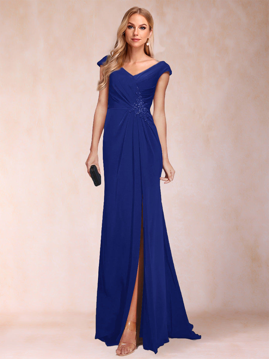 Sheath/Column V-Neck Ruched Mother of the Bride Dresses with Appliques &amp; Split Side