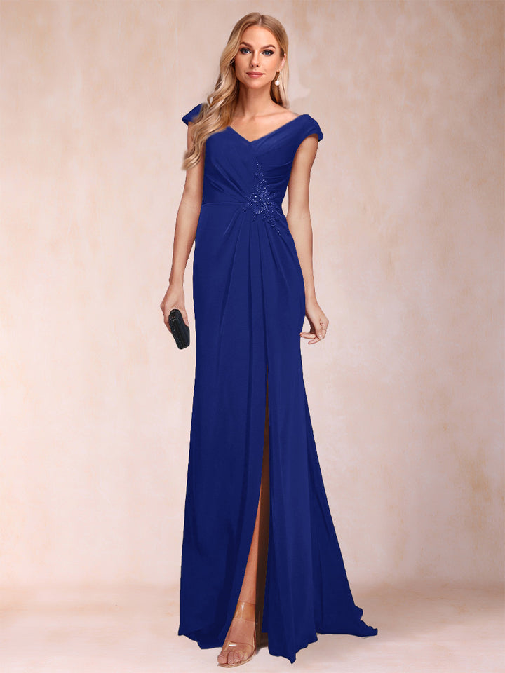 Sheath/Column V-Neck Ruched Mother of the Bride Dresses with Appliques &amp; Split Side