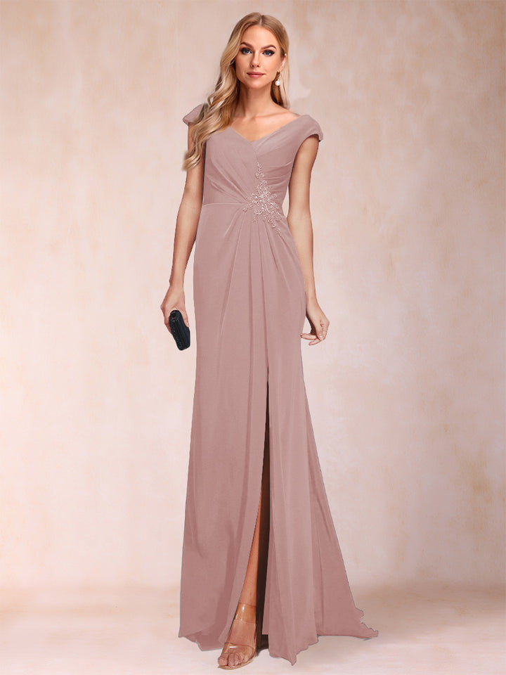 Sheath/Column V-Neck Ruched Mother of the Bride Dresses with Appliques &amp; Split Side