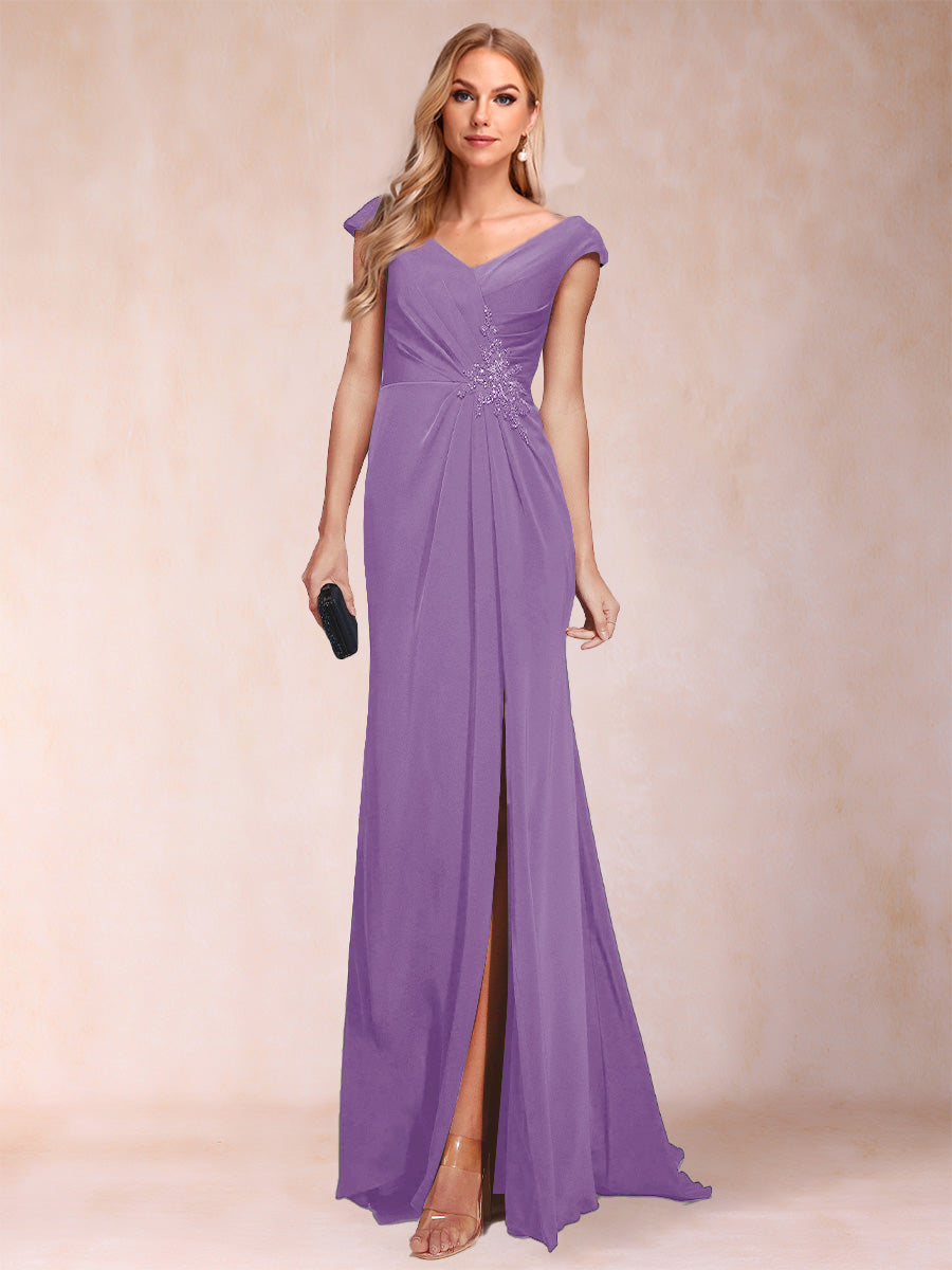 Sheath/Column V-Neck Ruched Mother of the Bride Dresses with Appliques &amp; Split Side