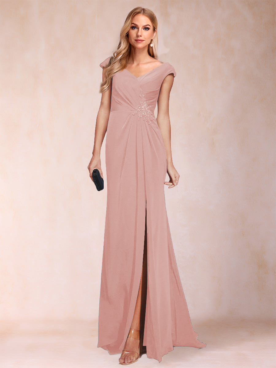 Sheath/Column V-Neck Ruched Mother of the Bride Dresses with Appliques &amp; Split Side