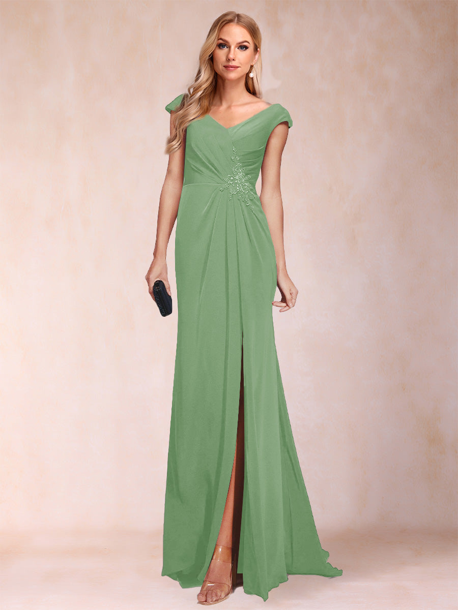 Sheath/Column V-Neck Ruched Mother of the Bride Dresses with Appliques &amp; Split Side