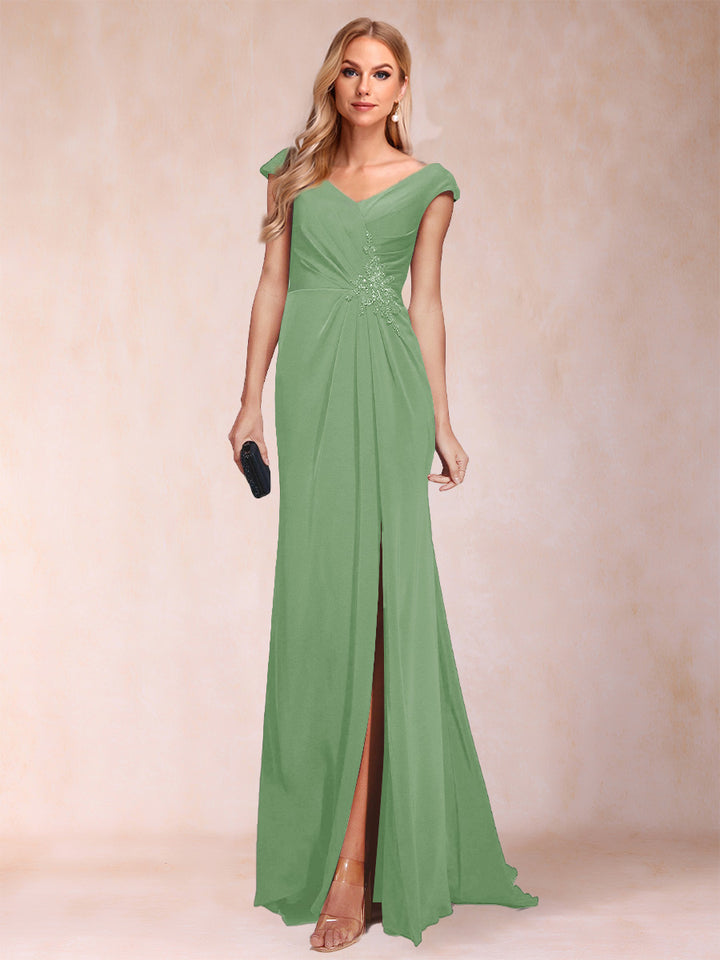 Sheath/Column V-Neck Ruched Mother of the Bride Dresses with Appliques &amp; Split Side