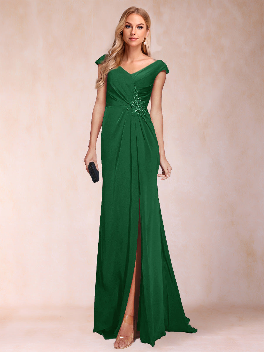 Sheath/Column V-Neck Ruched Mother of the Bride Dresses with Appliques &amp; Split Side