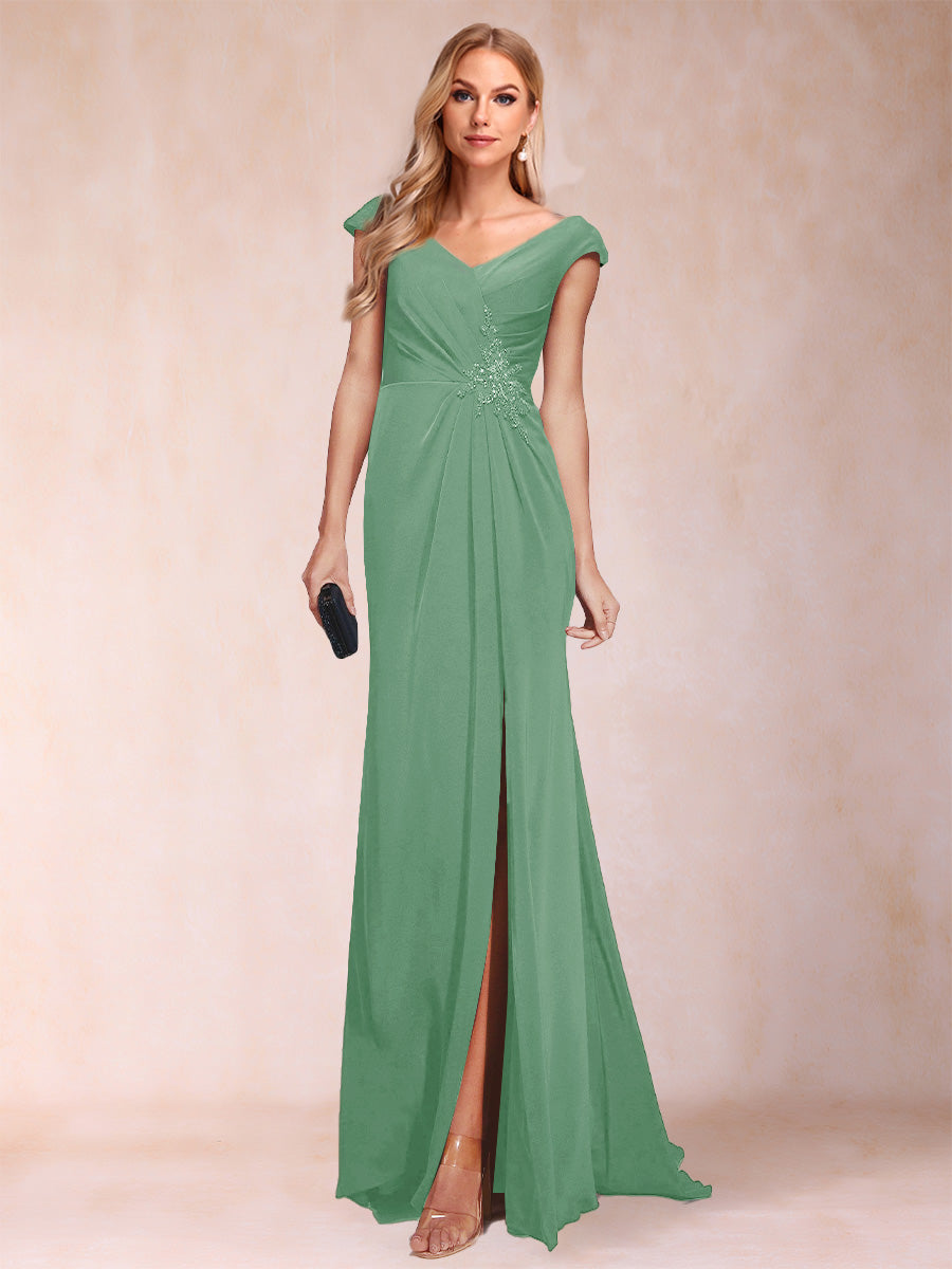 Sheath/Column V-Neck Ruched Mother of the Bride Dresses with Appliques &amp; Split Side