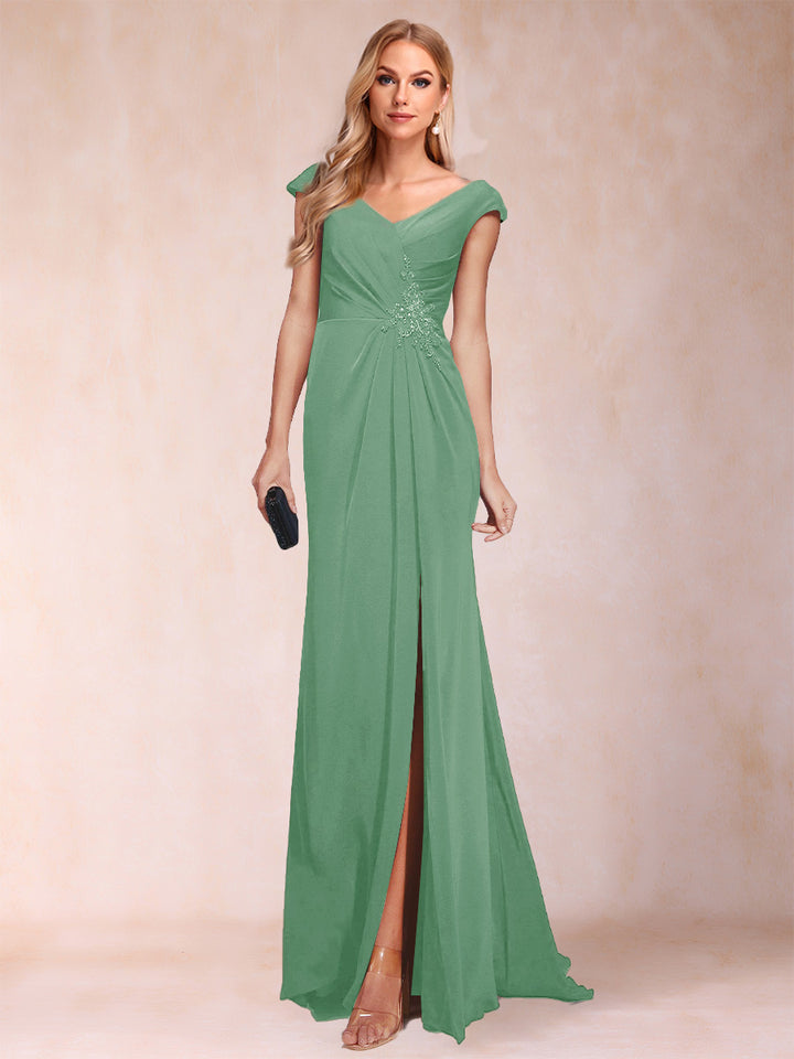 Sheath/Column V-Neck Ruched Mother of the Bride Dresses with Appliques &amp; Split Side