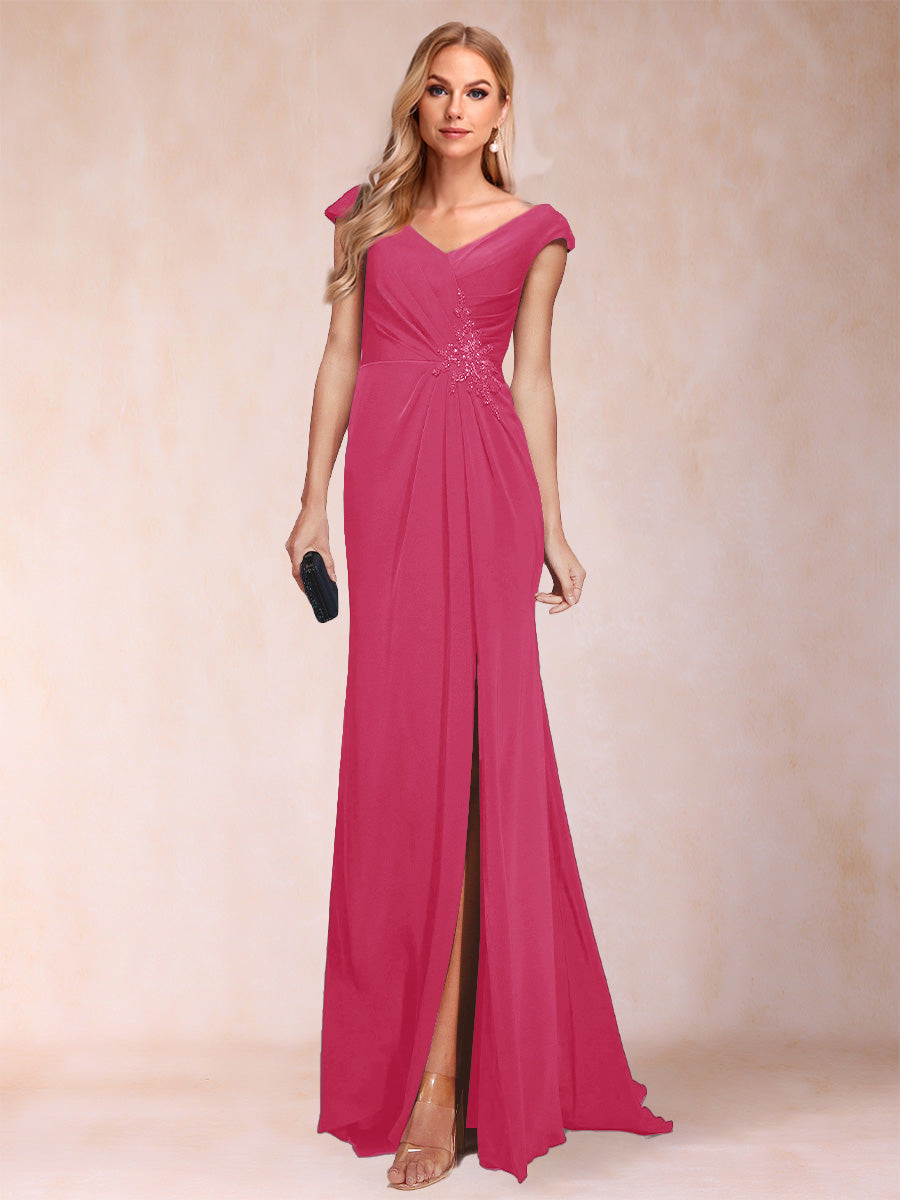 Sheath/Column V-Neck Ruched Mother of the Bride Dresses with Appliques &amp; Split Side