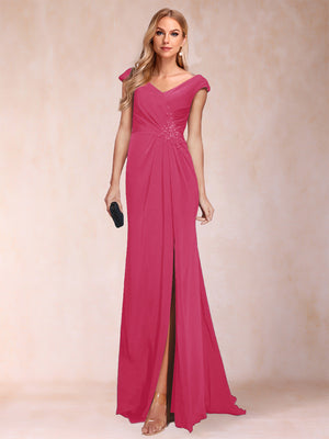 Sheath/Column V-Neck Ruched Mother of the Bride Dresses with Appliques & Split Side