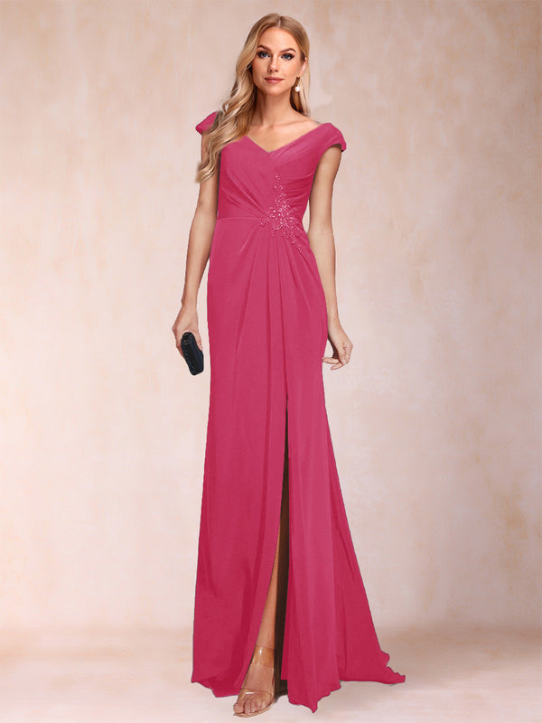 Sheath/Column V-Neck Ruched Mother of the Bride Dresses with Appliques & Split Side