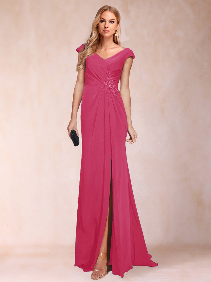 Sheath/Column V-Neck Ruched Mother of the Bride Dresses with Appliques &amp; Split Side