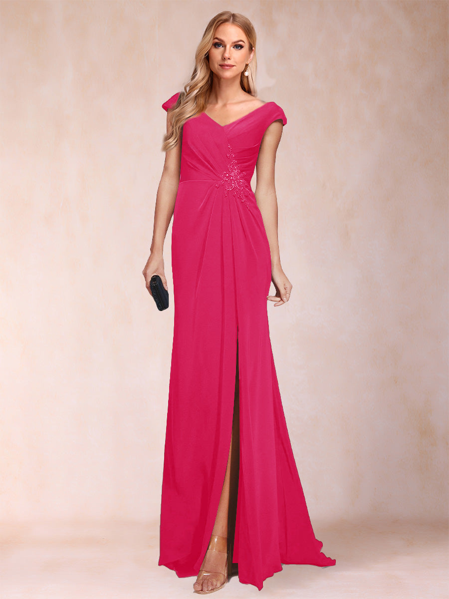 Sheath/Column V-Neck Ruched Mother of the Bride Dresses with Appliques &amp; Split Side