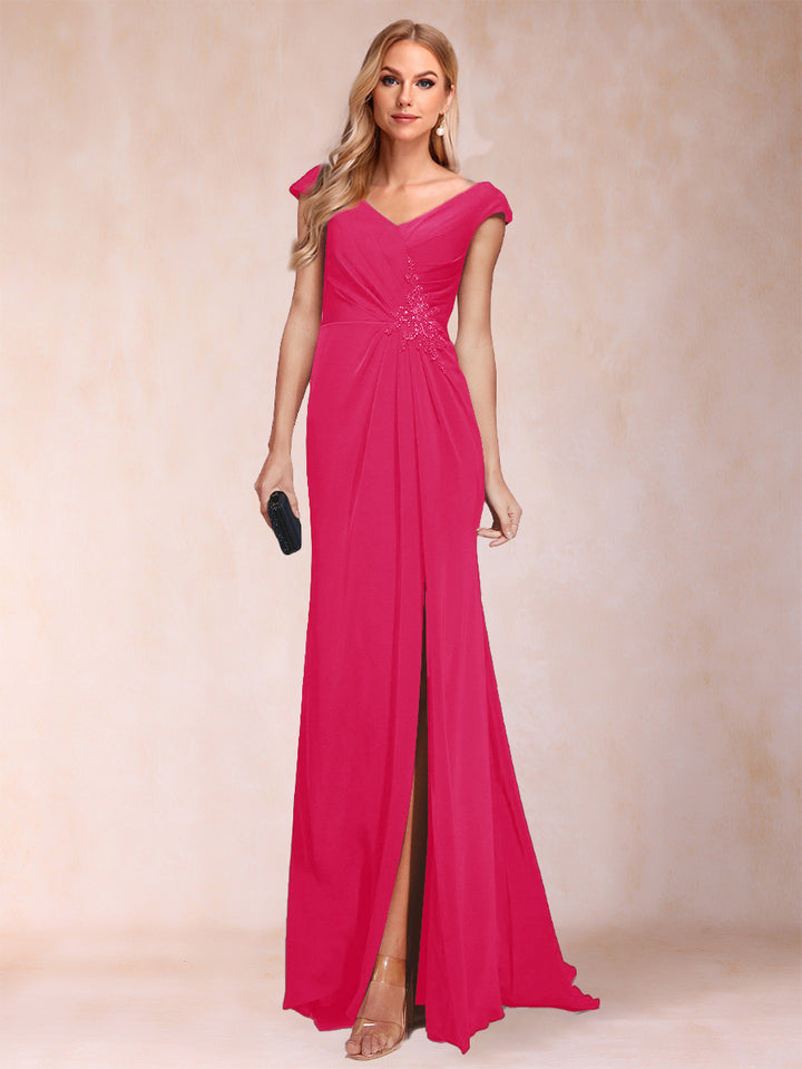 Sheath/Column V-Neck Ruched Mother of the Bride Dresses with Appliques &amp; Split Side