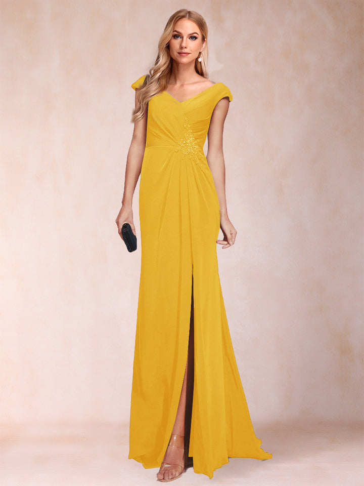 Sheath/Column V-Neck Ruched Mother of the Bride Dresses with Appliques &amp; Split Side