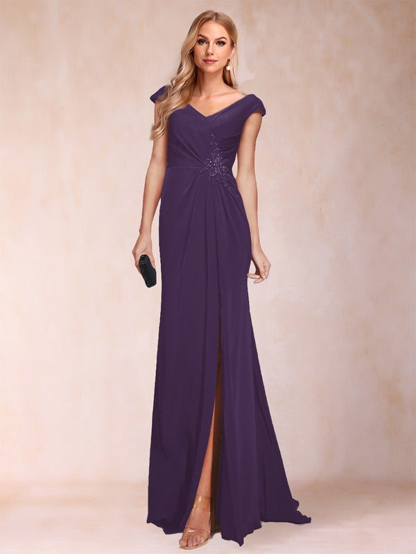 Sheath/Column V-Neck Ruched Mother of the Bride Dresses with Appliques & Split Side