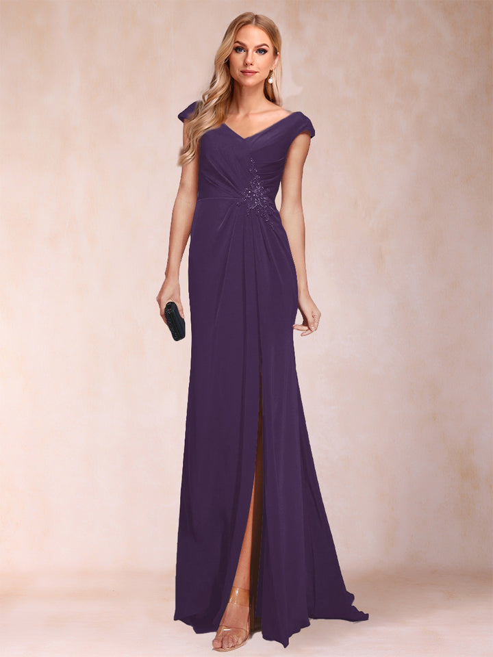 Sheath/Column V-Neck Ruched Mother of the Bride Dresses with Appliques &amp; Split Side