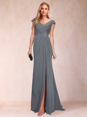 Sheath/Column V-Neck Ruched Mother of the Bride Dresses with Appliques & Split Side