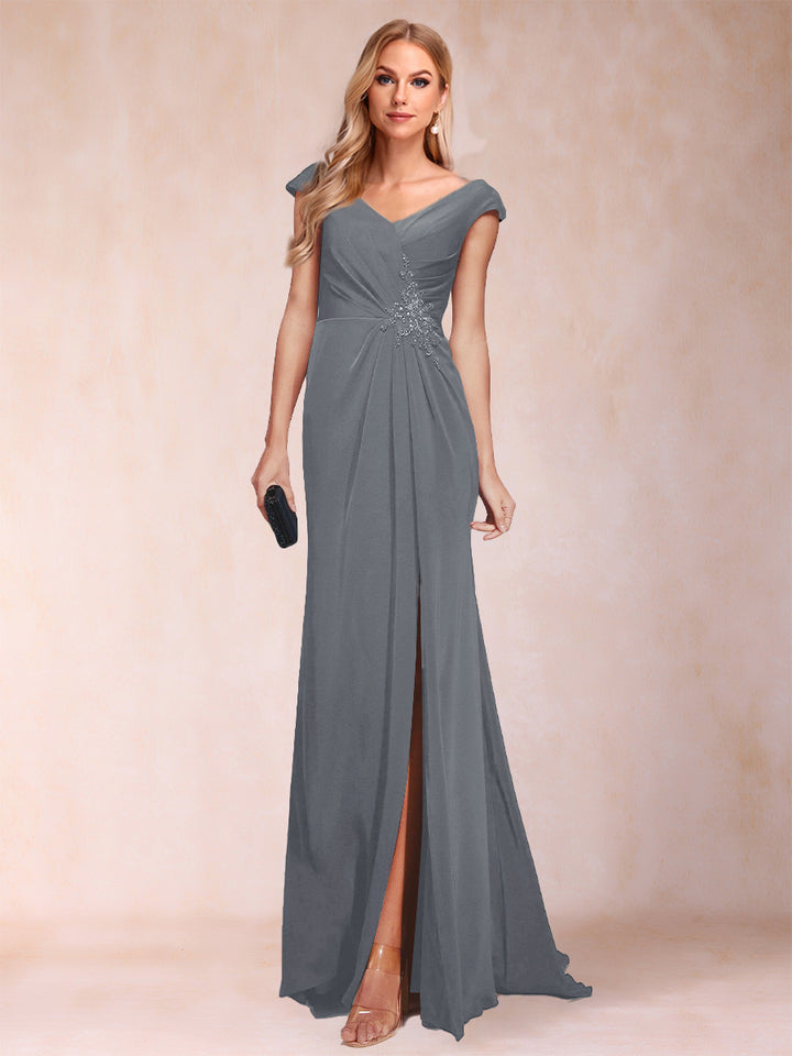 Sheath/Column V-Neck Ruched Mother of the Bride Dresses with Appliques &amp; Split Side