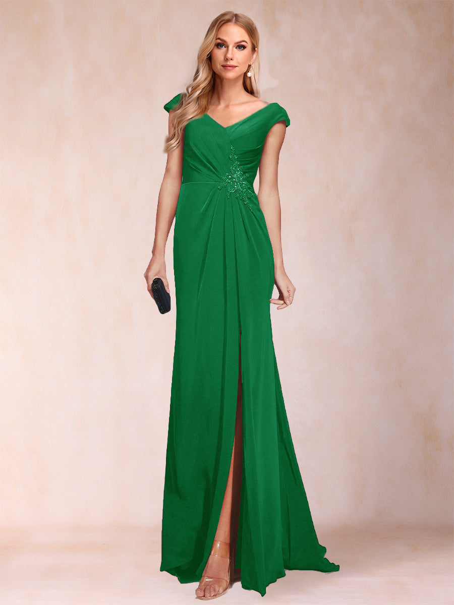 Sheath/Column V-Neck Ruched Mother of the Bride Dresses with Appliques &amp; Split Side