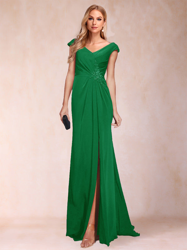 Sheath/Column V-Neck Ruched Mother of the Bride Dresses with Appliques & Split Side