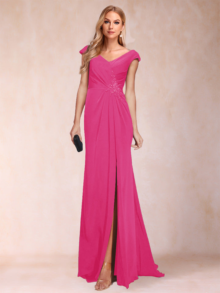 Sheath/Column V-Neck Ruched Mother of the Bride Dresses with Appliques &amp; Split Side