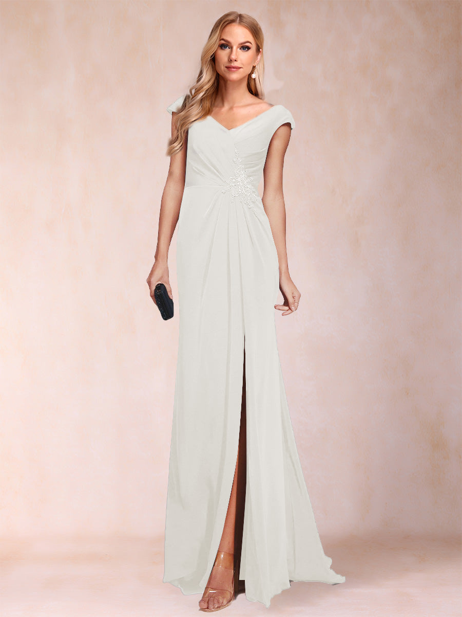 Sheath/Column V-Neck Ruched Mother of the Bride Dresses with Appliques &amp; Split Side