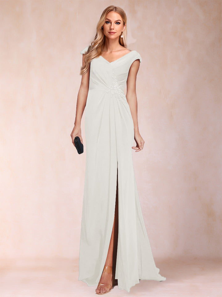 Sheath/Column V-Neck Ruched Mother of the Bride Dresses with Appliques &amp; Split Side