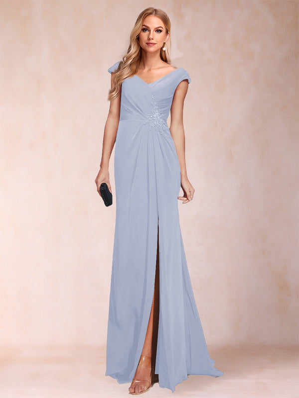 Sheath/Column V-Neck Ruched Mother of the Bride Dresses with Appliques & Split Side