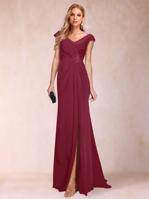 Sheath/Column V-Neck Ruched Mother of the Bride Dresses with Appliques & Split Side