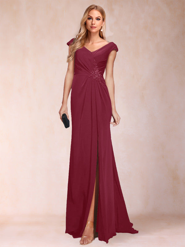 Sheath/Column V-Neck Ruched Mother of the Bride Dresses with Appliques & Split Side