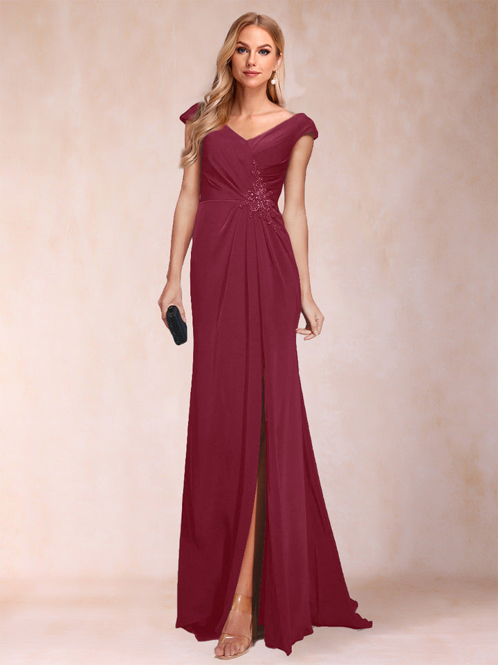 Sheath/Column V-Neck Ruched Mother of the Bride Dresses with Appliques &amp; Split Side