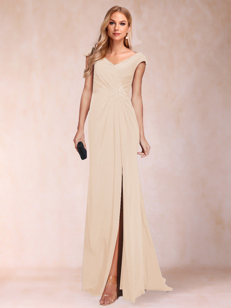 Sheath/Column V-Neck Ruched Mother of the Bride Dresses with Appliques &amp; Split Side