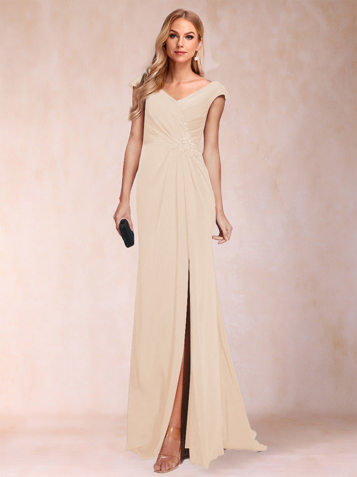 Sheath/Column V-Neck Ruched Mother of the Bride Dresses with Appliques &amp; Split Side