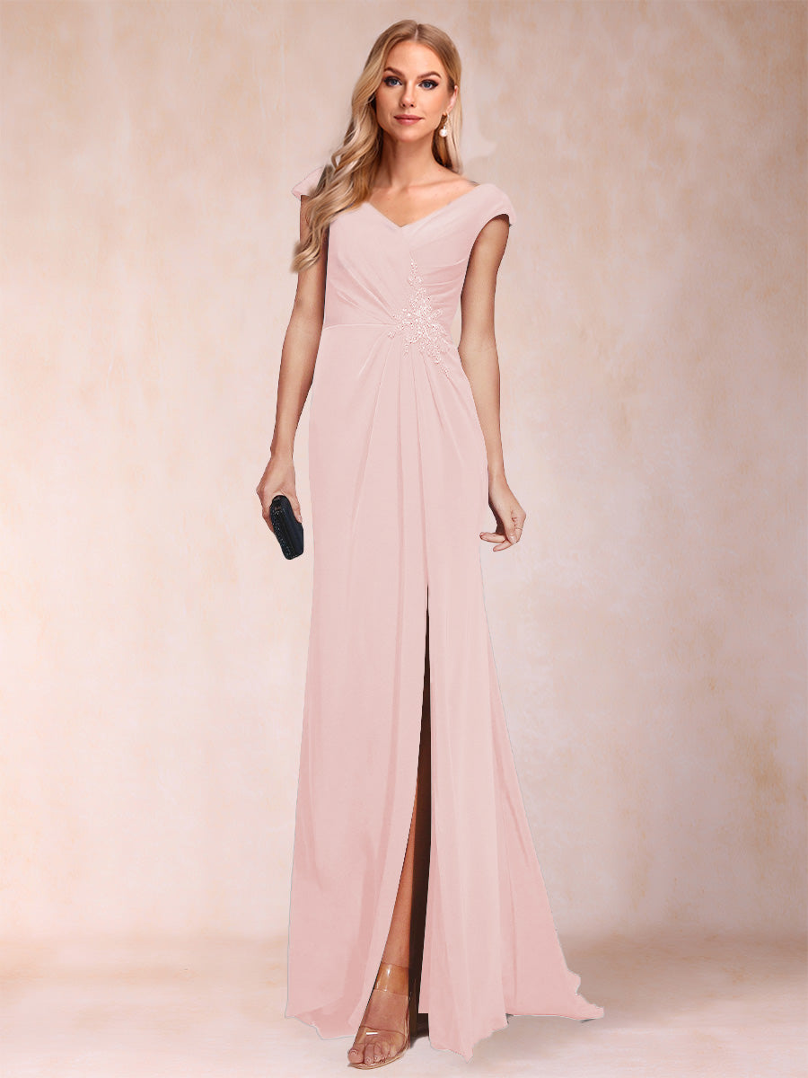Sheath/Column V-Neck Ruched Mother of the Bride Dresses with Appliques &amp; Split Side