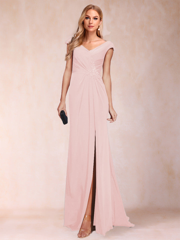 Sheath/Column V-Neck Ruched Mother of the Bride Dresses with Appliques &amp; Split Side