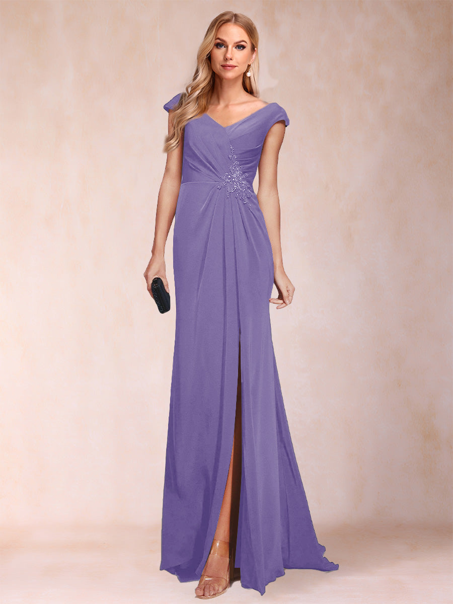 Sheath/Column V-Neck Ruched Mother of the Bride Dresses with Appliques &amp; Split Side