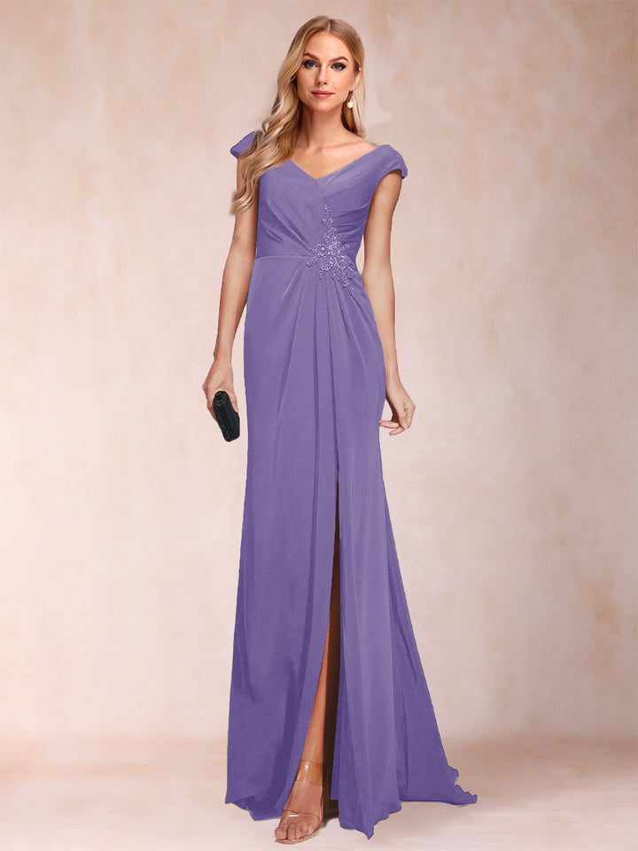 Sheath/Column V-Neck Ruched Mother of the Bride Dresses with Appliques &amp; Split Side