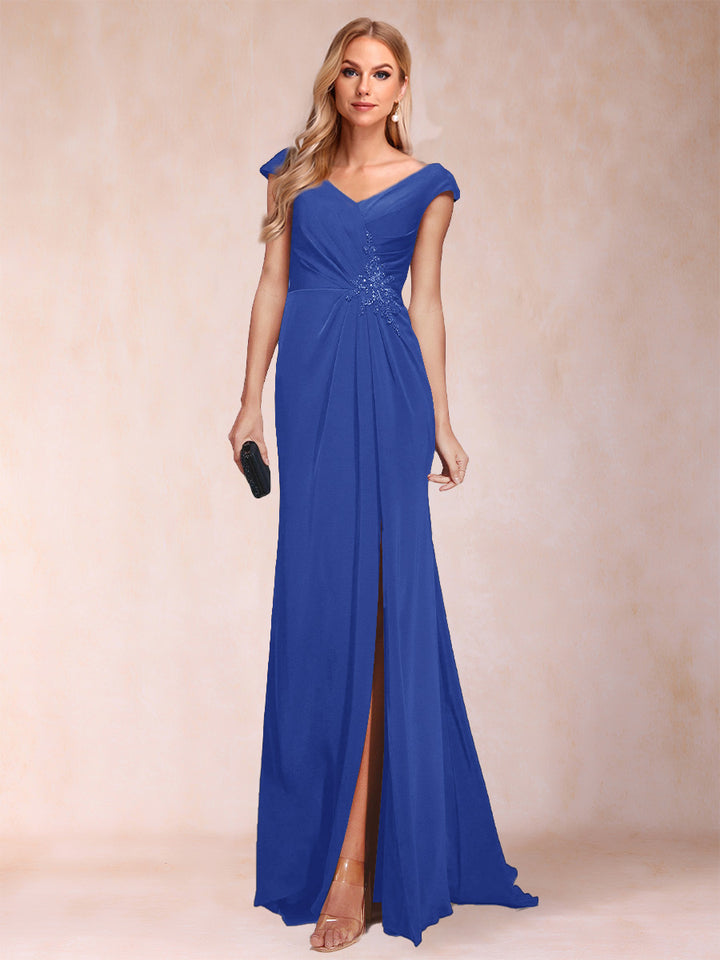 Sheath/Column V-Neck Ruched Mother of the Bride Dresses with Appliques &amp; Split Side
