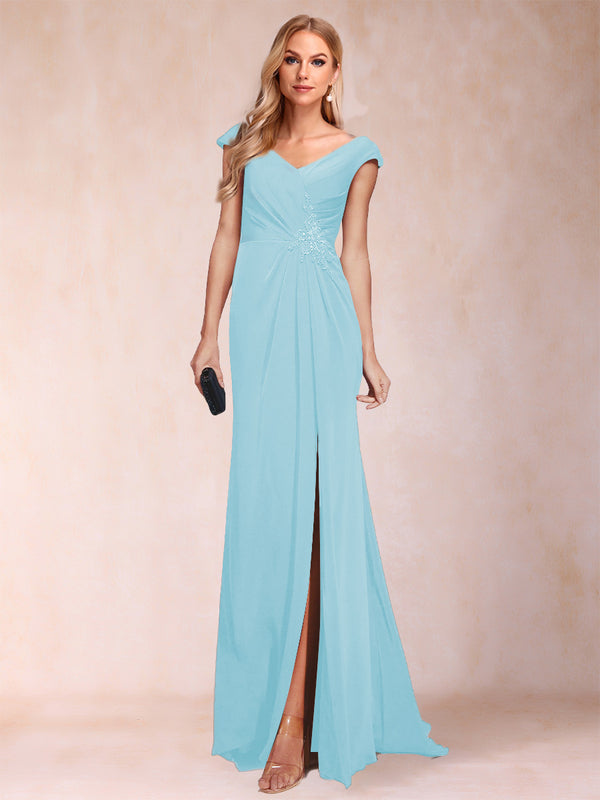 Sheath/Column V-Neck Ruched Mother of the Bride Dresses with Appliques & Split Side