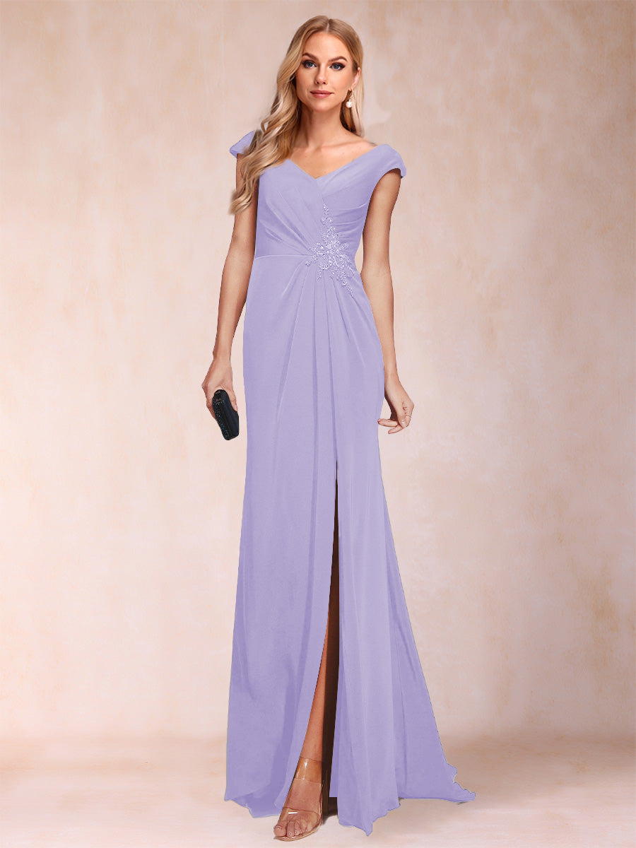 Sheath/Column V-Neck Ruched Mother of the Bride Dresses with Appliques &amp; Split Side